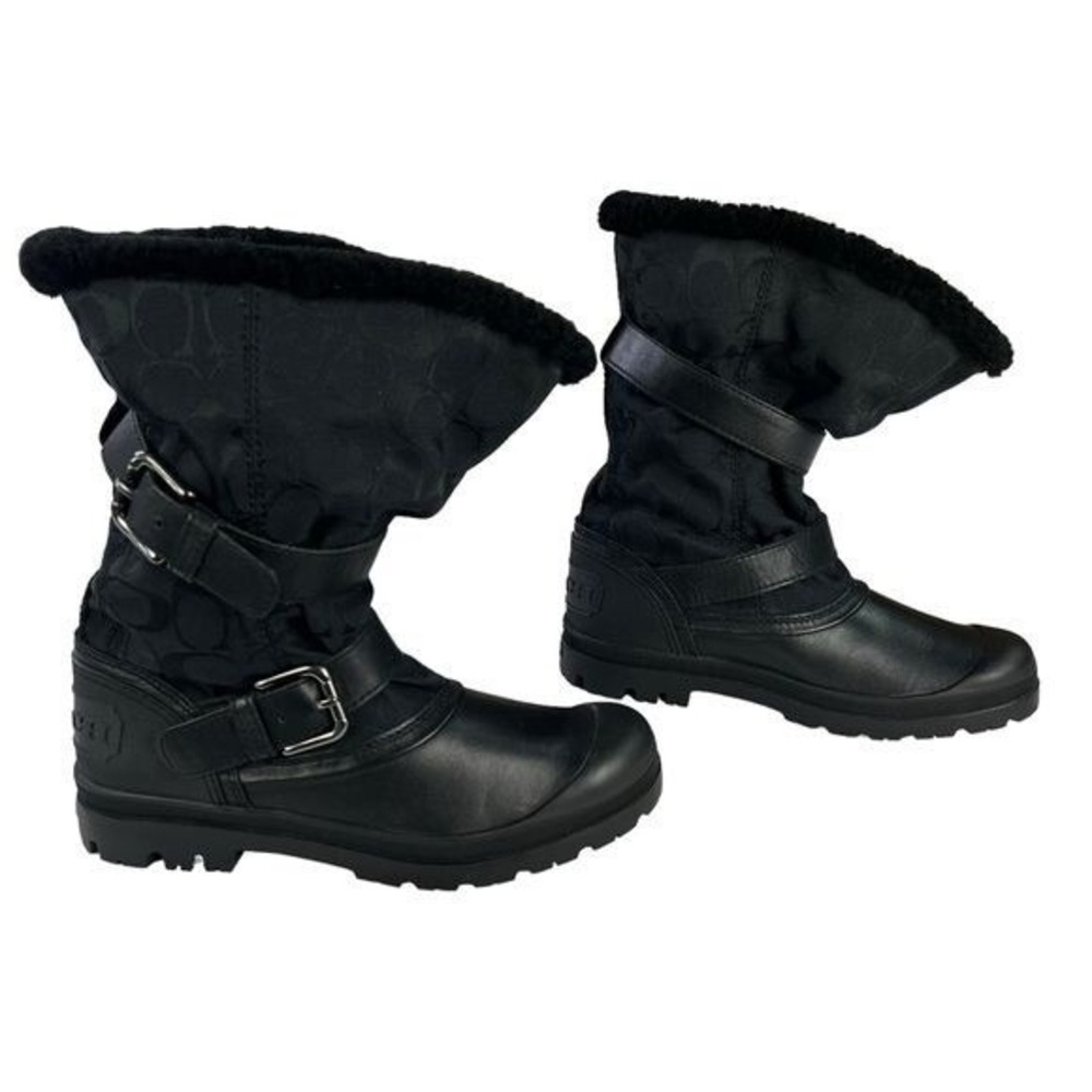 Coach Holiway Black Buckle Winter Boots Size 7 Sherpa Lined Y2K Chic Fleece Moto - Picture 2 of 10